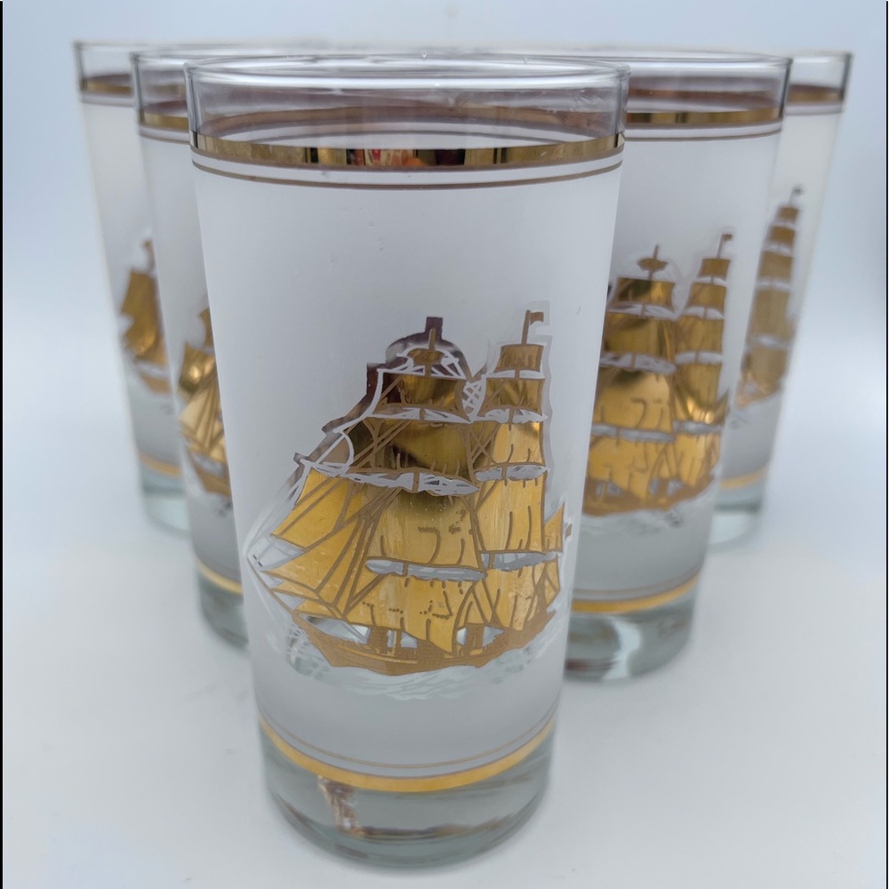 FROSTED Ships GLASSES (6) Gold NAUTICAL SAIL BOAT bar 5-1/2” tall